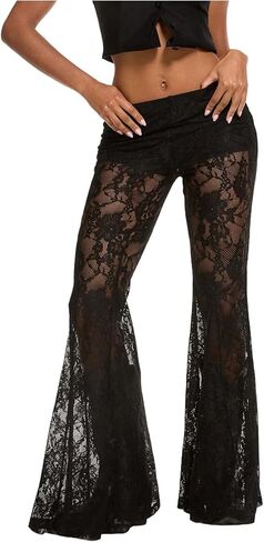 Women's Lace Mesh See Through Flared Leggings Low Rise Pants Y2K Bootcut Bell Bottoms in Kuwait