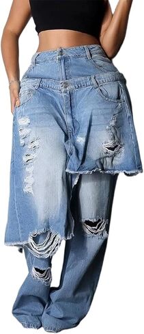 LETSVDO Women Ripped Patchwork Jeans Straight Wide Leg Asymmetrical Double Waist Denim Pants Baggy Y2k Trouser Streetwear in Saudi Arabia