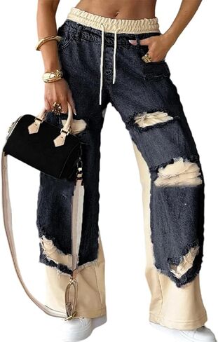 LETSVDO Womens Baggy Patchwork Jeans Wide Leg Drawstring Elastic Waist Ripped Y2k Stretchy Denim Pants Sweatpants in Saudi Arabia