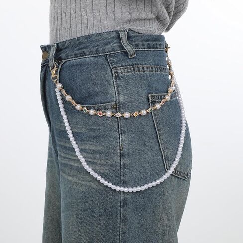 Fashion Layered Pants Wallet Chains Exquisite Rhinestone Flower Pearl Wallet Chains Hip Hop Accessories Punk Jeans Chain with Lobster Clasps Unisex Biker Style in Saudi Arabia