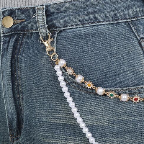 Fashion Layered Pants Wallet Chains Exquisite Rhinestone Flower Pearl Wallet Chains Hip Hop Accessories Punk Jeans Chain with Lobster Clasps Unisex Biker Style in Saudi Arabia