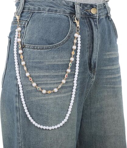 Fashion Layered Pants Wallet Chains Exquisite Rhinestone Flower Pearl Wallet Chains Hip Hop Accessories Punk Jeans Chain with Lobster Clasps Unisex Biker Style in Saudi Arabia
