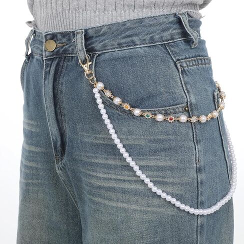 Fashion Layered Pants Wallet Chains Exquisite Rhinestone Flower Pearl Wallet Chains Hip Hop Accessories Punk Jeans Chain with Lobster Clasps Unisex Biker Style in Saudi Arabia