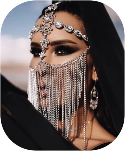 Rhinestone Drop Tassel Veil Masks Rave Crystal Face Chains Mask Masquerade Dance Costume Sexy Forehead Chain Hair Chain Jewelry for Women in Saudi Arabia