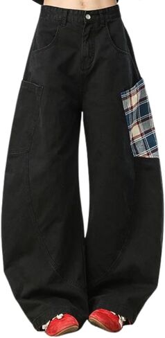 فضفاض برميل السراويل النساء الرجال واسعة الساق القطن مخطط Sweatpants الكاكي المرقعة مرونة الخصر صالة الملابس in Kuwait