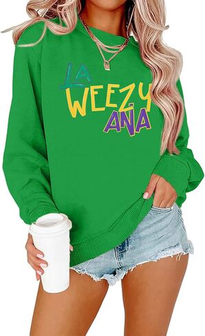 LOTUCY Mardi Gras Sweathirt Women La Weezy Ana Shirts Fat Tuesday Tshirt Carnival Theme Party Pullover Tops in Saudi Arabia