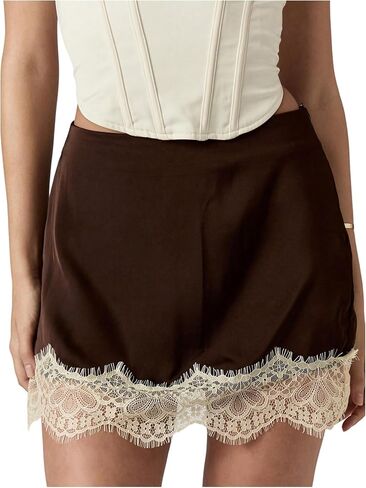 تنورة نسائية صغيرة من Milumia ذات حافة دانتيل عتيقة من الساتان بخصر عالٍ، تنانير قصيرة ضيقة على شكل حرف A in Kuwait