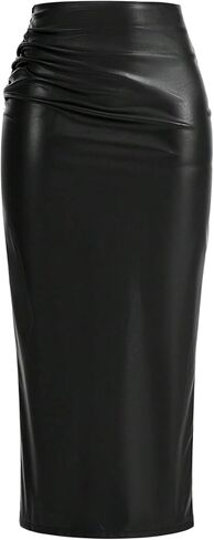 GORGLITTER المرأة Ruched بو الجلود Bodycon تنورة طويلة الشق الخلفي زمم كوكتيل التنانير قلم رصاص in Kuwait