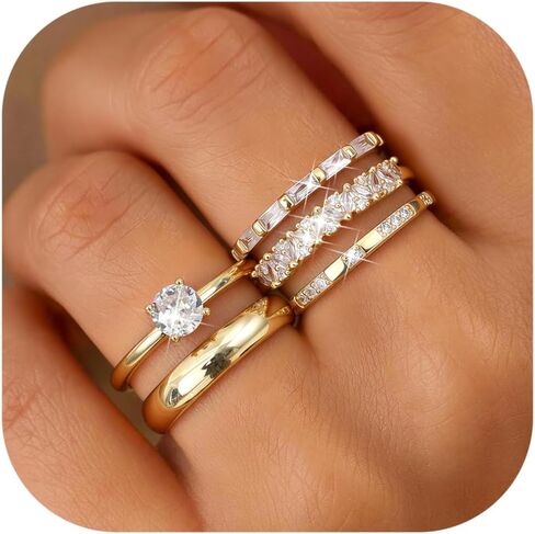 FUNRUN JEWELRY خواتم ذهبية قابلة للتكديس للنساء غير مشوهة - 14 قيراط مطلية بالذهب مكعب زركونيا خاتم الزفاف مجموعة أنيقة التراص بيان الخطوبة وعد خواتم للنساء العصرية الإبهام حجم 5-10 in Kuwait