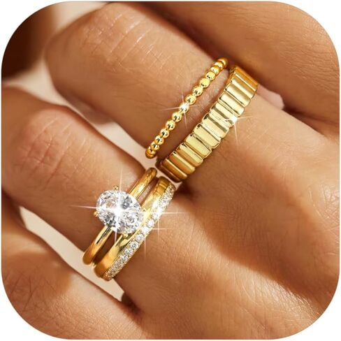 FUNRUN JEWELRY خواتم ذهبية قابلة للتكديس للنساء غير مشوهة - 14 قيراط مطلية بالذهب مكعب زركونيا خاتم الزفاف مجموعة أنيقة التراص بيان الخطوبة وعد خواتم للنساء العصرية الإبهام حجم 5-10 in Kuwait