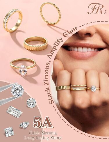 FUNRUN JEWELRY خواتم ذهبية قابلة للتكديس للنساء غير مشوهة - 14 قيراط مطلية بالذهب مكعب زركونيا خاتم الزفاف مجموعة أنيقة التراص بيان الخطوبة وعد خواتم للنساء العصرية الإبهام حجم 5-10 in Kuwait