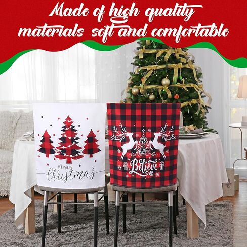 6 Pcs Christmas Chair Covers Winter Xmas Tree Snowflake Elk Dining Room Seat Covers for Home Hotel Kitchen Holiday Party Decor(Plaid) in Saudi Arabia