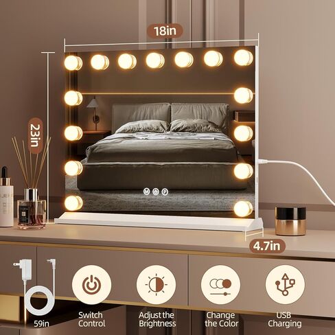 مرآة فانيتي مع أضواء، مرآة مكياج مع شحن USB/نوع C، مرايا هوليوود كبيرة مع 15 لمبة LED ومكبر 5X، مرايا LED لطاولة غرفة النوم ومثبتة على الحائط in Kuwait
