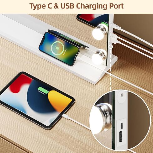 مرآة فانيتي مع أضواء، مرآة مكياج مع شحن USB/نوع C، مرايا هوليوود كبيرة مع 15 لمبة LED ومكبر 5X، مرايا LED لطاولة غرفة النوم ومثبتة على الحائط in Kuwait