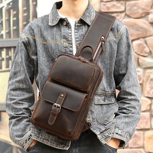 Leather Sling Bag for Men,Chest Bag,Shoulder Bag,Crossbody Bag,Travel Backpack Hiking Daypack in Saudi Arabia