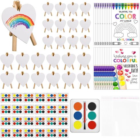 Gosodeny 24 Sets Valentines Watercolor Paint Set Painting Cards Painting Canvas Panel with Wooden Easel Watercolor Paint Painting Brush Kit Valentines Day Cards Packaging Bag Set Gifts in Kuwait