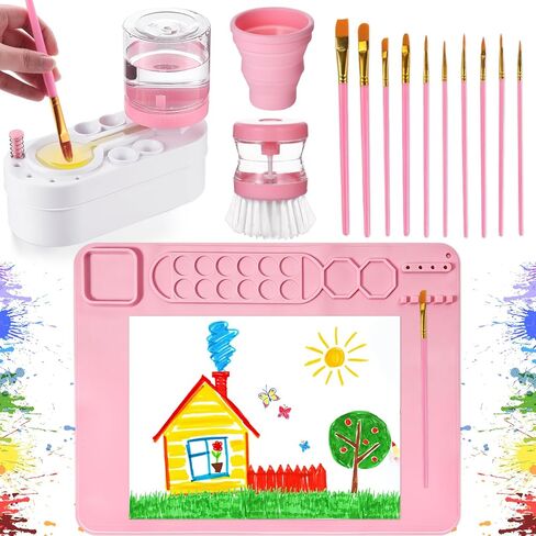 Painting Station Paint Brush Cleaner 20X16in Silicone Painting Mat with Cup and Paint Holder 10 Paint Brushes Children's Painting Set Art Painting Supplies for Kids Birthday Gifts DIY Creations (Pink) in Saudi Arabia