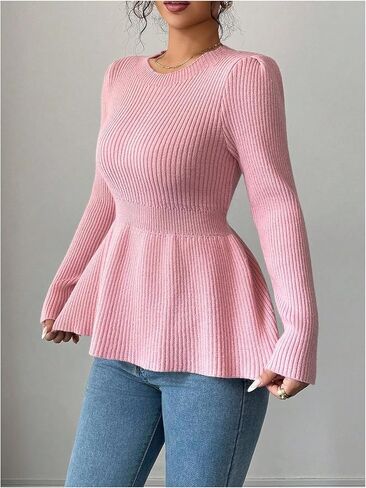 SHENHE Women's Fall Peplum Sweater Crewneck Cinched Waist Dressy Casual Knit Sweater Pullover in Saudi Arabia