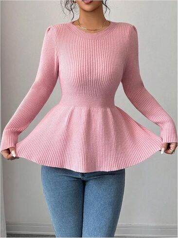 SHENHE Women's Fall Peplum Sweater Crewneck Cinched Waist Dressy Casual Knit Sweater Pullover in Saudi Arabia