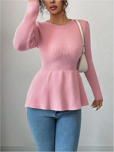 SHENHE Women's Fall Peplum Sweater Crewneck Cinched Waist Dressy Casual Knit Sweater Pullover in Saudi Arabia