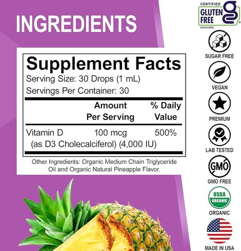 قطرات فيتامين د3 السائلة العضوية - نباتي فيتامين د السائل فيتامين د للبالغين والأطفال، زيت 4000 وحدة دولية، قطرات د3 نباتية مكملة تحت اللسان - مكملات فيتامين د لصحة المناعة والعظام، غير معدلة وراثيًا، 30 حصة in Kuwait
