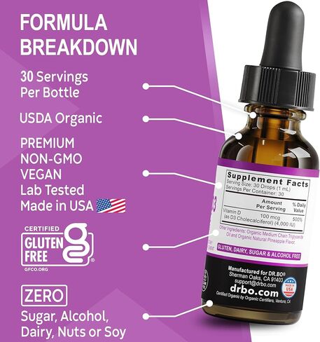 قطرات فيتامين د3 السائلة العضوية - نباتي فيتامين د السائل فيتامين د للبالغين والأطفال، زيت 4000 وحدة دولية، قطرات د3 نباتية مكملة تحت اللسان - مكملات فيتامين د لصحة المناعة والعظام، غير معدلة وراثيًا، 30 حصة in Kuwait