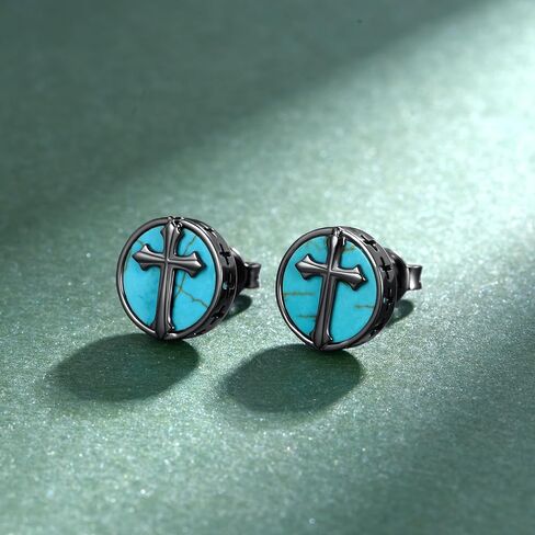 Cross Turquoise Earrings 925 Sterling Silver Genuine Turquoise Cross Studs Western Nature Gemstone Turquoises Jewelry Gifts for Men in Kuwait