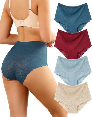 Levao Women's High Waist Lace Underwear, Soft Floral Lace Briefs with Mid-Coverage Panties for Women 4-Pack in Saudi Arabia