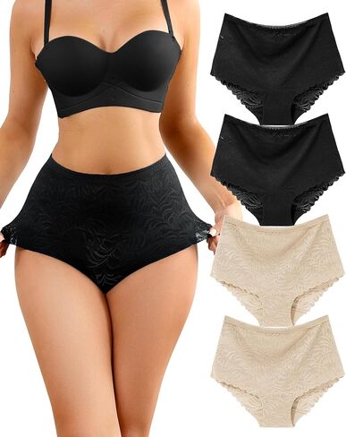 Levao Women's High Waist Lace Underwear, Soft Floral Lace Briefs with Mid-Coverage Panties for Women 4-Pack in Saudi Arabia