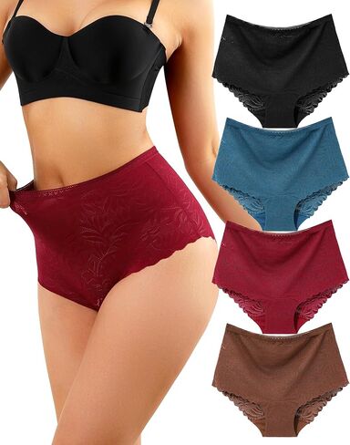 Levao Women's High Waist Lace Underwear, Soft Floral Lace Briefs with Mid-Coverage Panties for Women 4-Pack in Saudi Arabia