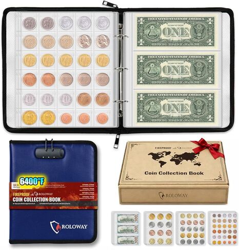 Roloway Coin Collection Book 6400 ℉ حرارة معزولة ، 360 جيوب حامل الكتب عملة مقاومة للحريق و 36 ألبوم عملة ورقية مع طبقة رقائق الألومنيوم ، وتوفير النقود كتاب جامع العملة مع قفل (أسود) in Kuwait
