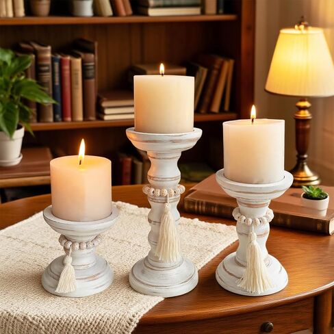 حوامل شموع خشبية لمجموعة عمود مكونة من 3 شموع ريفية حامل شمعدان طويل القامة لديكور المزرعة قطع مركزية للطاولة in Kuwait