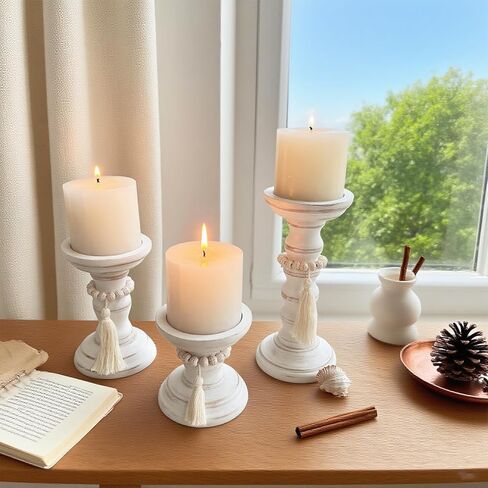 حوامل شموع خشبية لمجموعة عمود مكونة من 3 شموع ريفية حامل شمعدان طويل القامة لديكور المزرعة قطع مركزية للطاولة in Kuwait