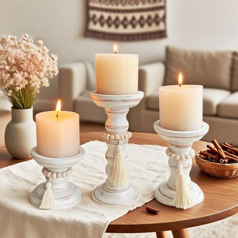حوامل شموع خشبية لمجموعة عمود مكونة من 3 شموع ريفية حامل شمعدان طويل القامة لديكور المزرعة قطع مركزية للطاولة in Kuwait