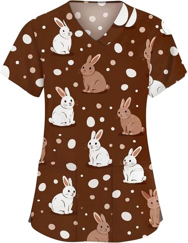 Easter Scrub Tops Women Cute Bunny Colorful Eggs Print Nursing Scrubs Plus Size V Neck Short Sleeve Nurse Uniform in Saudi Arabia
