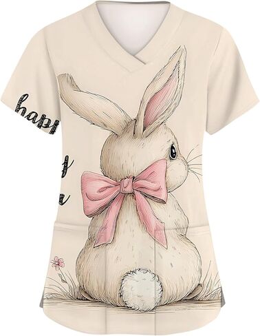 Easter Scrub Tops Women Cute Bunny Colorful Eggs Print Nursing Scrubs Plus Size V Neck Short Sleeve Nurse Uniform in Saudi Arabia