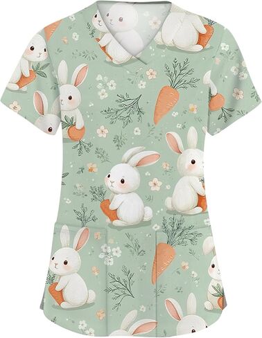 Easter Scrub Tops Women Cute Bunny Colorful Eggs Print Nursing Scrubs Plus Size V Neck Short Sleeve Nurse Uniform in Saudi Arabia