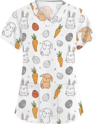 Easter Scrub Tops Women Cute Bunny Colorful Eggs Print Nursing Scrubs Plus Size V Neck Short Sleeve Nurse Uniform in Saudi Arabia