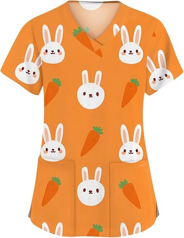 Easter Scrub Tops Women Cute Bunny Colorful Eggs Print Nursing Scrubs Plus Size V Neck Short Sleeve Nurse Uniform in Saudi Arabia