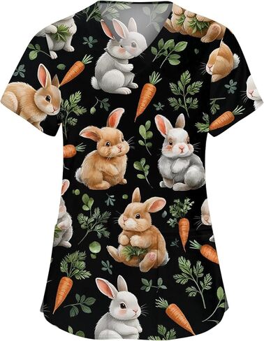 Easter Scrub Tops Women Cute Bunny Colorful Eggs Print Nursing Scrubs Plus Size V Neck Short Sleeve Nurse Uniform in Saudi Arabia