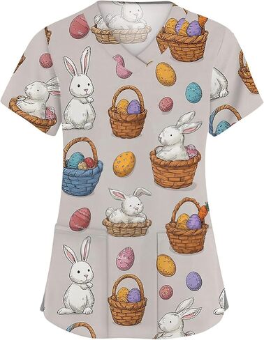 Easter Scrub Tops Women Cute Bunny Colorful Eggs Print Nursing Scrubs Plus Size V Neck Short Sleeve Nurse Uniform in Saudi Arabia