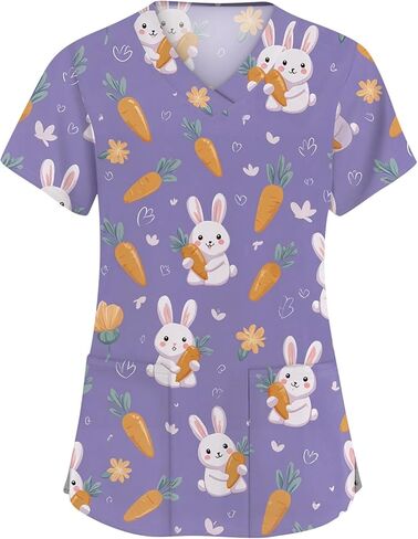 Easter Scrub Tops Women Cute Bunny Colorful Eggs Print Nursing Scrubs Plus Size V Neck Short Sleeve Nurse Uniform in Saudi Arabia