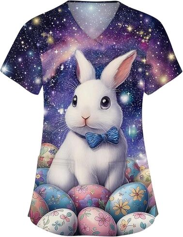 Easter Scrub Tops Women Cute Bunny Colorful Eggs Print Nursing Scrubs Plus Size V Neck Short Sleeve Nurse Uniform in Saudi Arabia