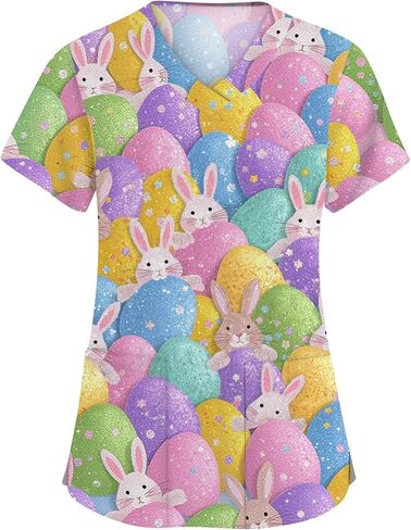Easter Scrub Tops Women Cute Bunny Colorful Eggs Print Nursing Scrubs Plus Size V Neck Short Sleeve Nurse Uniform in Saudi Arabia