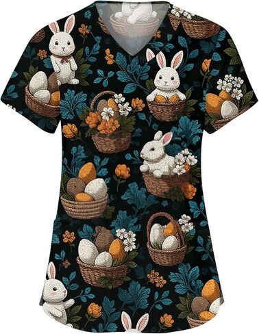 Easter Scrub Tops Women Cute Bunny Colorful Eggs Print Nursing Scrubs Plus Size V Neck Short Sleeve Nurse Uniform in Saudi Arabia
