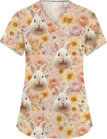 Easter Scrub Tops Women Cute Bunny Colorful Eggs Print Nursing Scrubs Plus Size V Neck Short Sleeve Nurse Uniform in Saudi Arabia