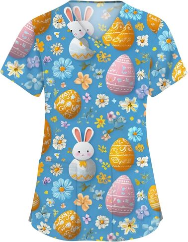 Easter Scrub Tops Women Cute Bunny Colorful Eggs Print Nursing Scrubs Plus Size V Neck Short Sleeve Nurse Uniform in Saudi Arabia