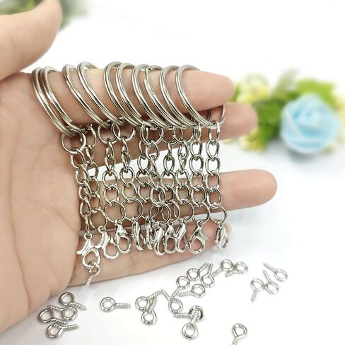 50pcs Silvery Bulk Keychain Accessories Set for Craft Making, Includes 50pcs 1-Inch Split Key Rings with Chain Links, Lobster Clasps, in Saudi Arabia
