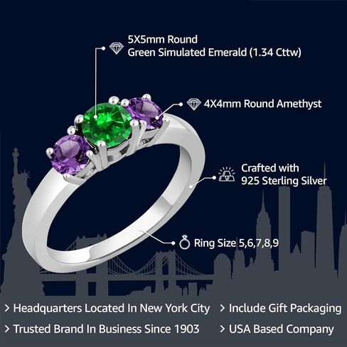 خاتم Gem Stone King 1.34 Cttw أخضر مقلد من الزمرد والجمشت الأرجواني 3 أحجار للنساء | 925 فضة استرلينية | جوهرة الميلاد الأحجار الكريمة | خاتم الخطوبة والذكرى السنوية للزفاف للنساء in Kuwait