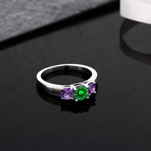 خاتم Gem Stone King 1.34 Cttw أخضر مقلد من الزمرد والجمشت الأرجواني 3 أحجار للنساء | 925 فضة استرلينية | جوهرة الميلاد الأحجار الكريمة | خاتم الخطوبة والذكرى السنوية للزفاف للنساء in Kuwait